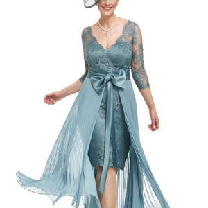 French Lace Dress with Detachable Pleated Chiffon Overskirt
