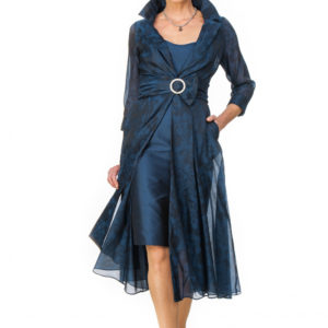 Navy Organza Jacquard Flowing Coat with Silk Dress