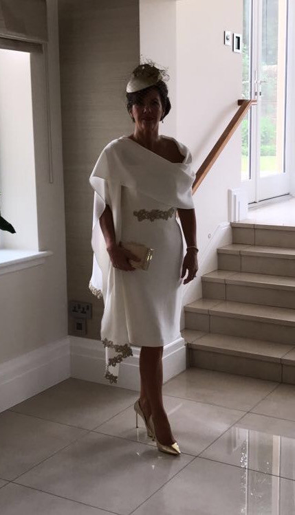 Ivory dress and stole with gold guipure detail
