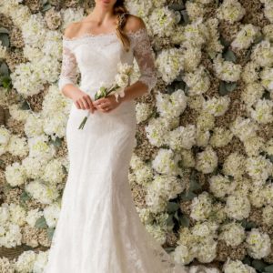 Bardot Lace Fishtail Wedding Dress