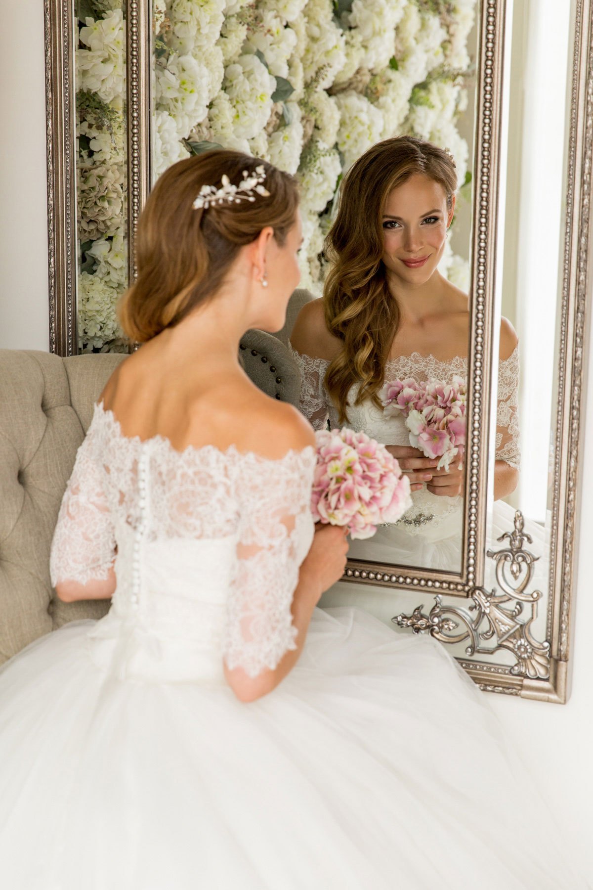 lace bardot bridesmaid dress