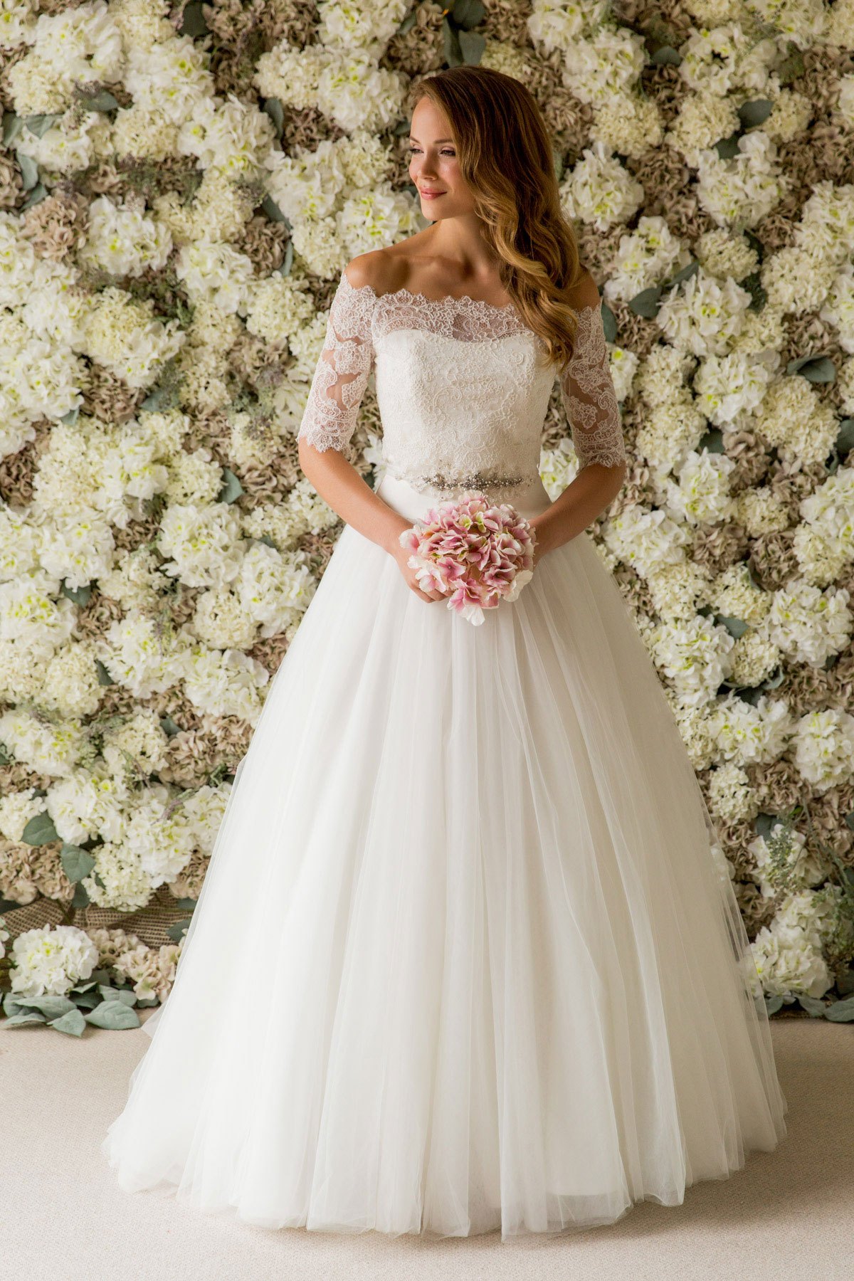 bardot lace wedding dress