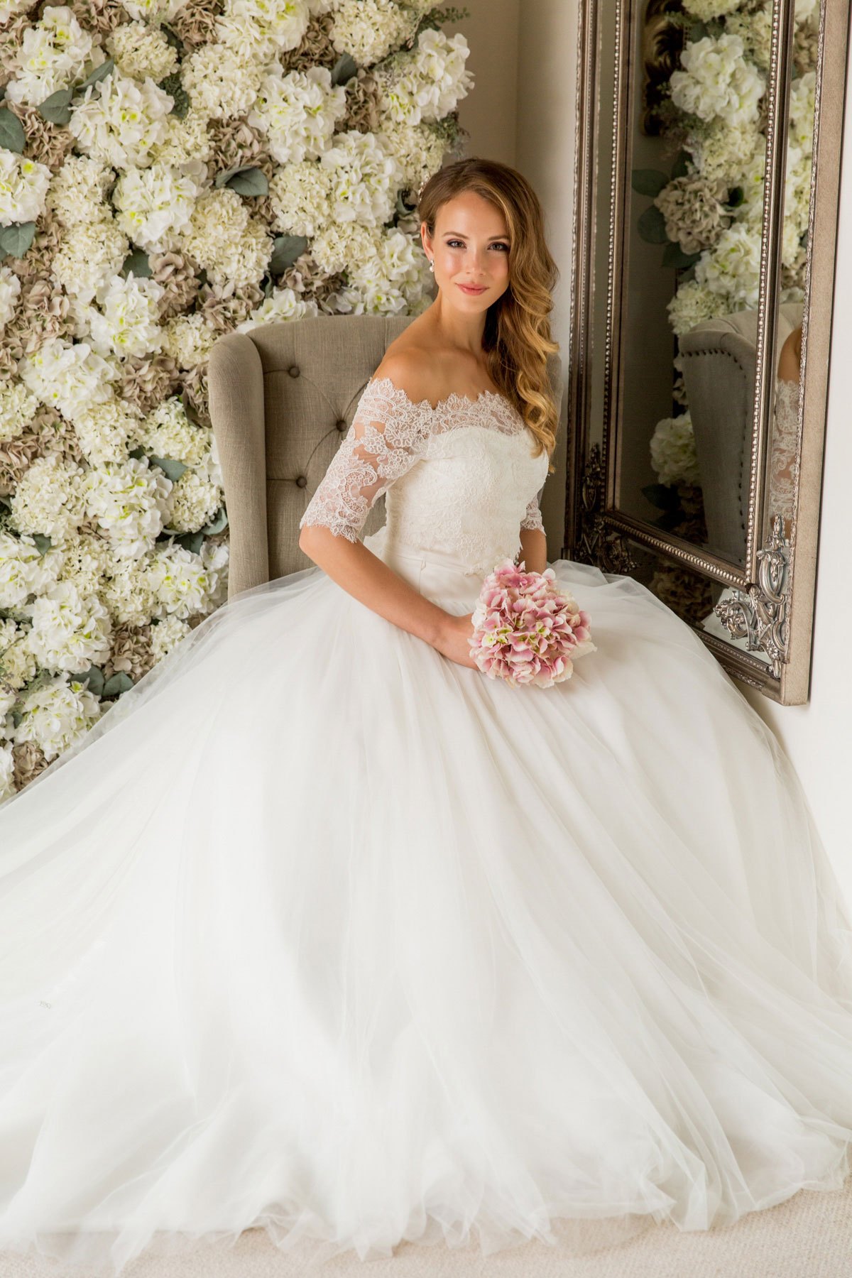 satin bardot wedding dress