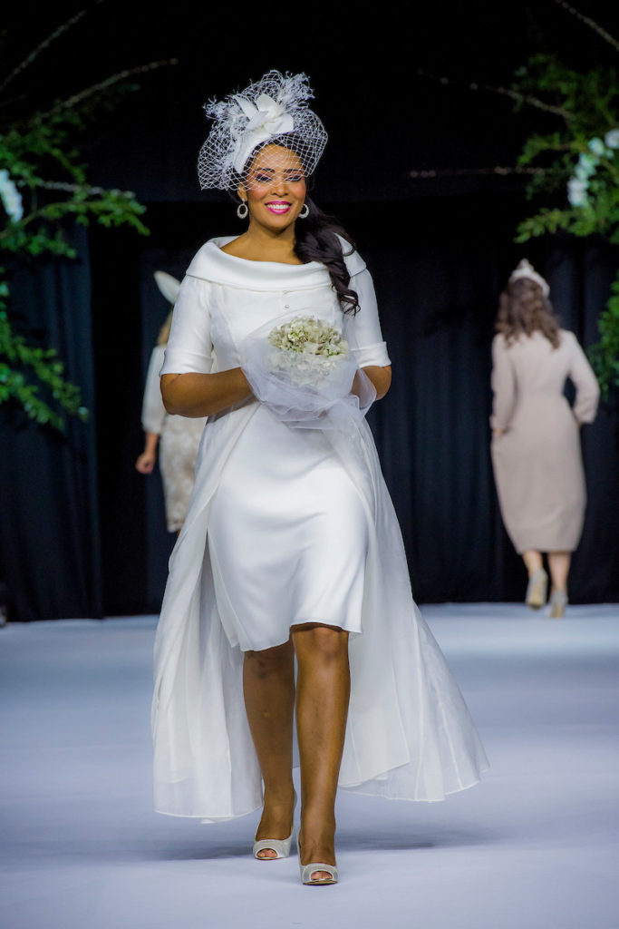 Flaoty coat over bias cut dress wth bardot neckline