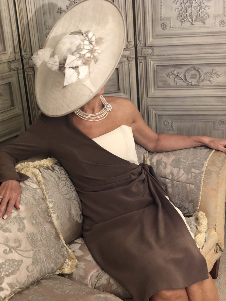 ivory strapless dress with chocolate one shoulder coat