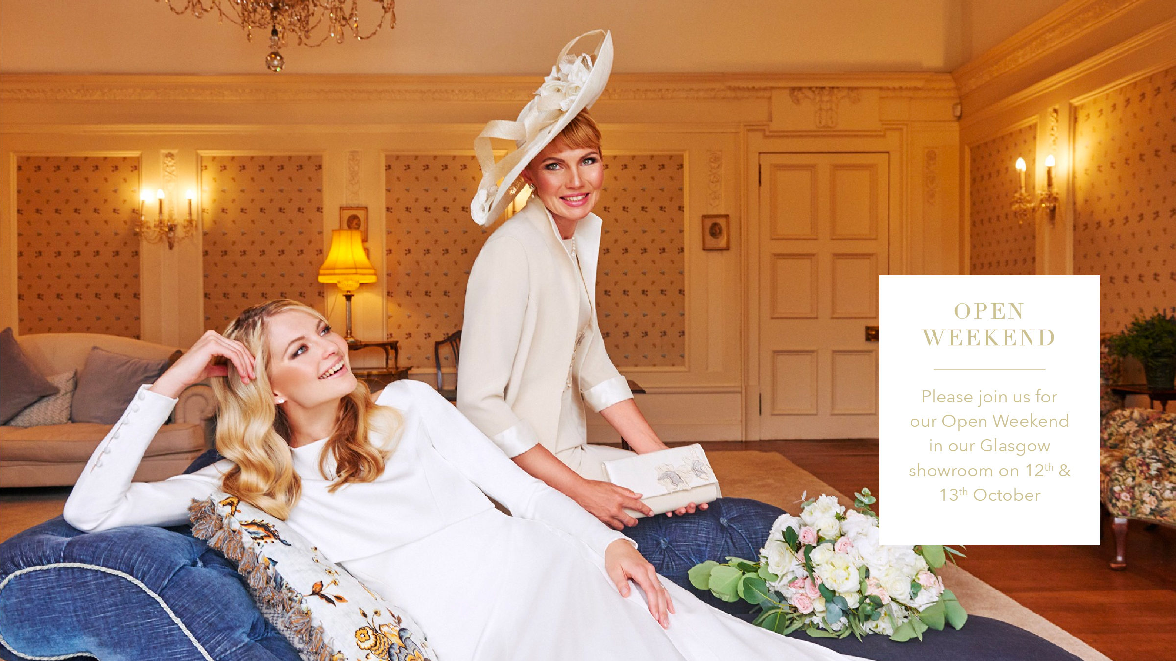 events at Joyce Young design studios, open day, open weekend, picture from mother daughter photoshoot at Sorn castle, mother wearing Elegant Coat And Dress With Guipure Detail and bride wearing couture wedding Dress Philippa