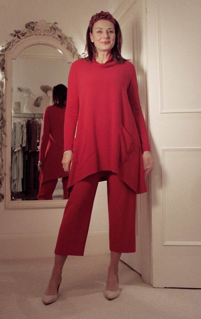 Red Trouser Suit. Painters tunic and cropped trousers set in machine washable crepe with red tartan headband