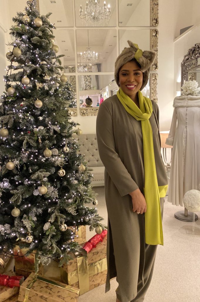happy festive season new casual chic outfit Pant suit, Crepe trosers coat tunic and scarf in olive and lime