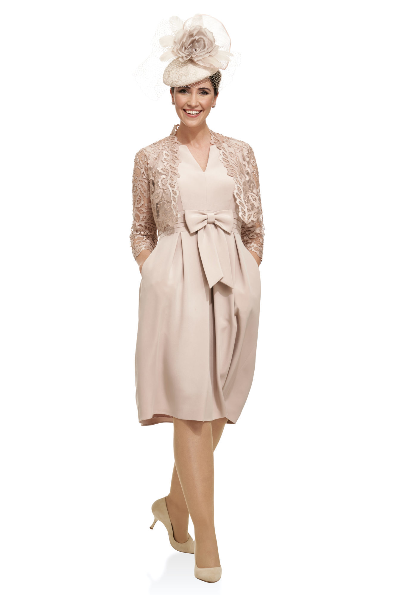Silk Bow Dress with Laser Cut Appliqué Jacket, micro wedding attire