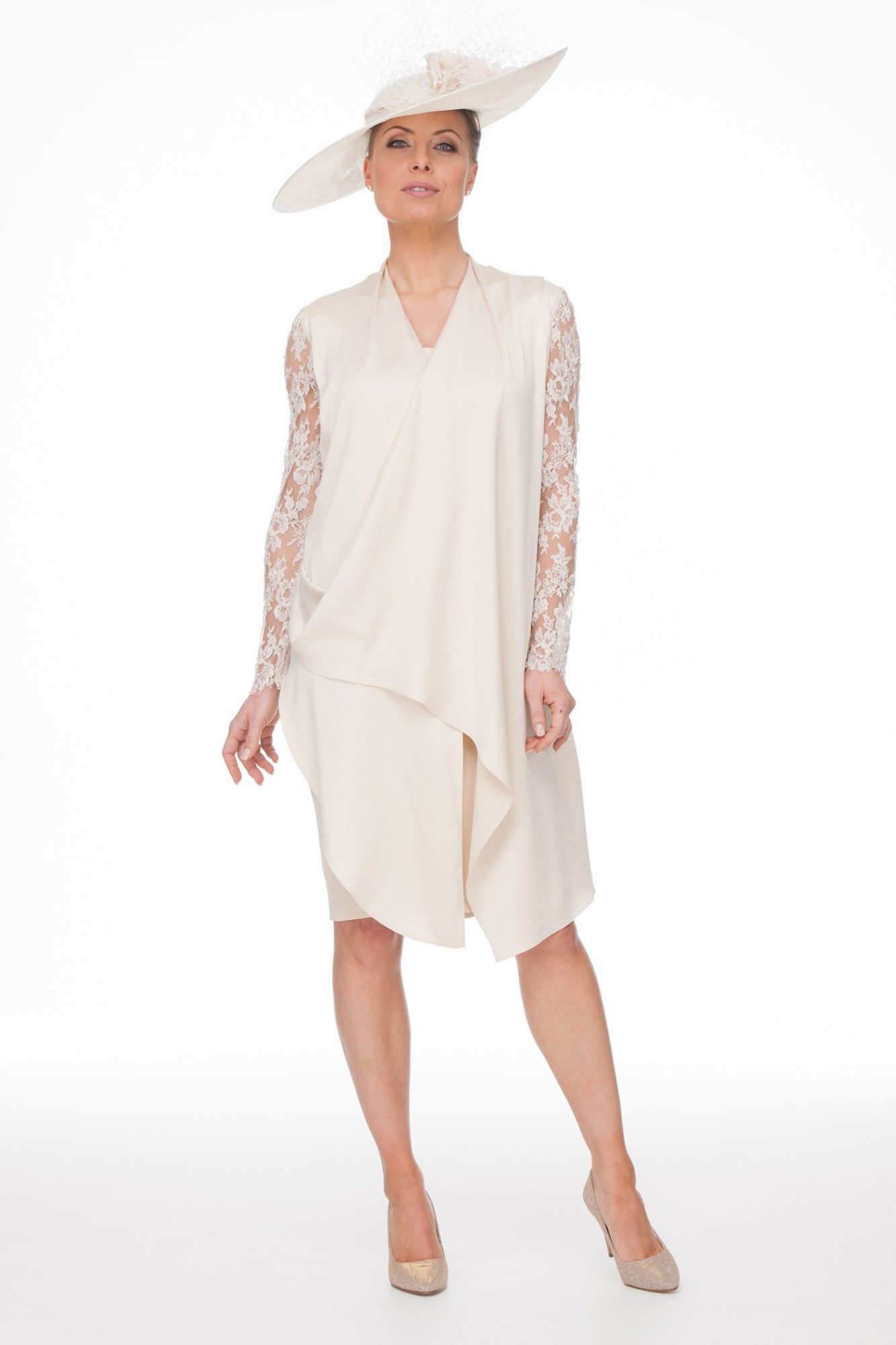 micro wedding attire, Silk satin drape dress with beaded lace sleeves