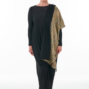 Black pleat dress with gold stole