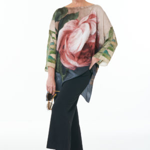 Black trousers silk rose tunic