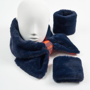 Navy and Orange Tartan Faux Fur Collar and Cuffs