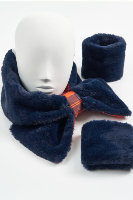 Navy and Orange Tartan Faux Fur Collar and Cuffs