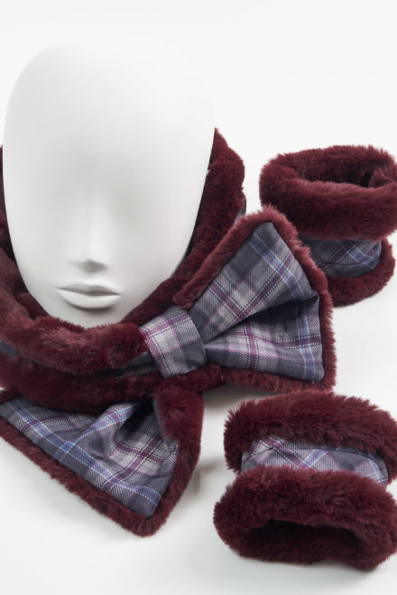 Burgundy Faux Fur with Islay Mist Silk Tartan Collar Cuffs