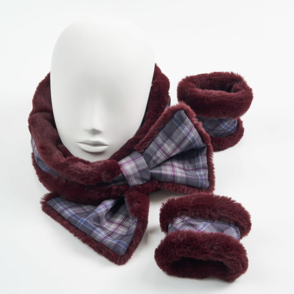 Burgundy Faux Fur with Islay Mist Silk Tartan Collar Cuffs