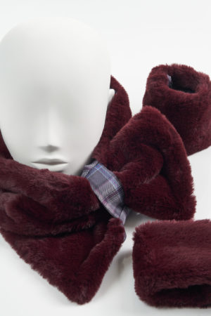 Burgundy Faux Fur with Islay Mist Silk Tartan Collar Cuffs