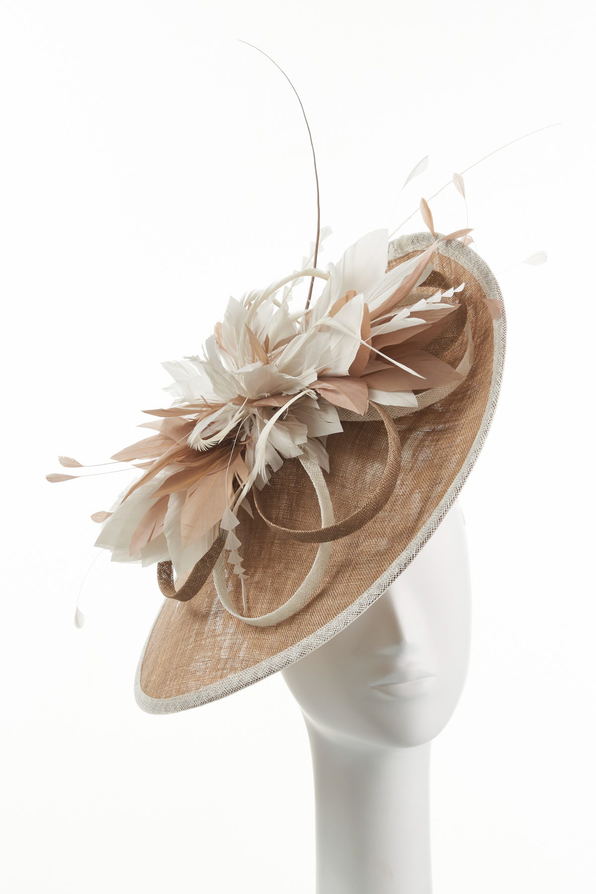 Sinamay Loop Hat with Feather Detail in Camel and Ivory | Joyce Young