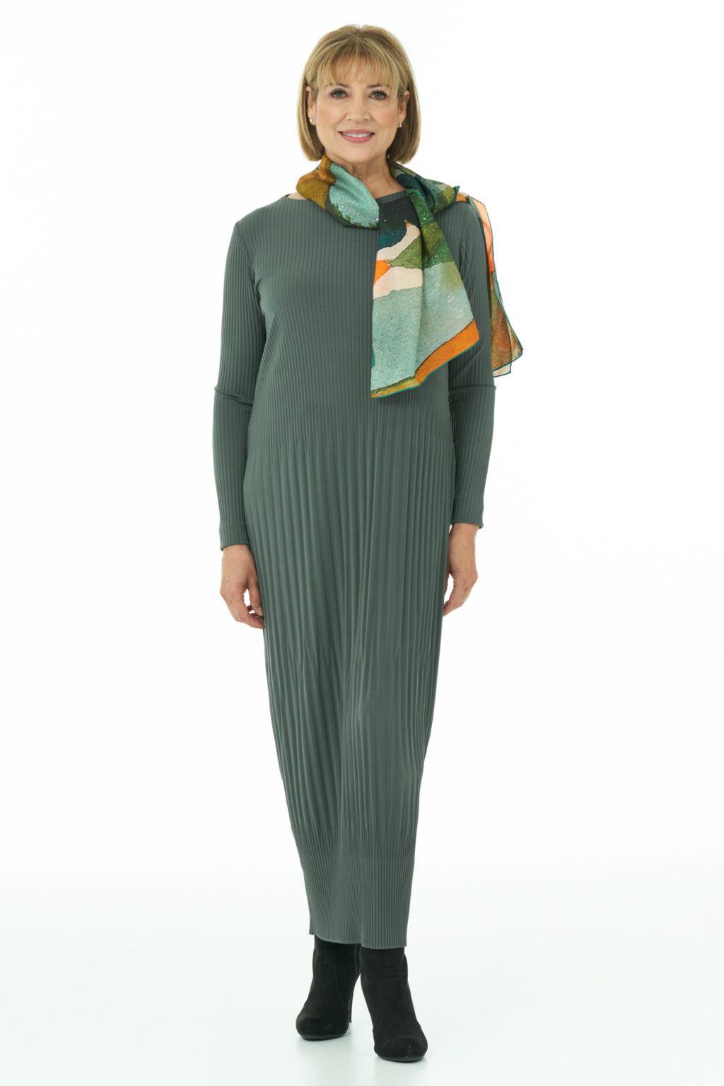 Lace To Long Sleeves Pleated Dress Olive Green