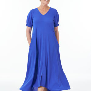 Short Sleeved V-Neck Flared Panel Dress in Royal
