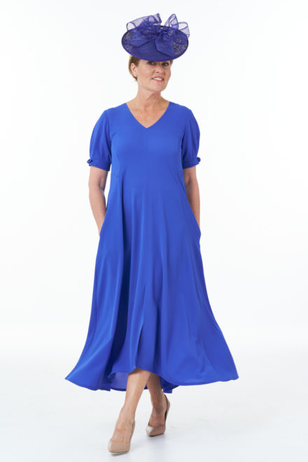 Short Sleeved V-Neck Flared Panel Dress in Royal