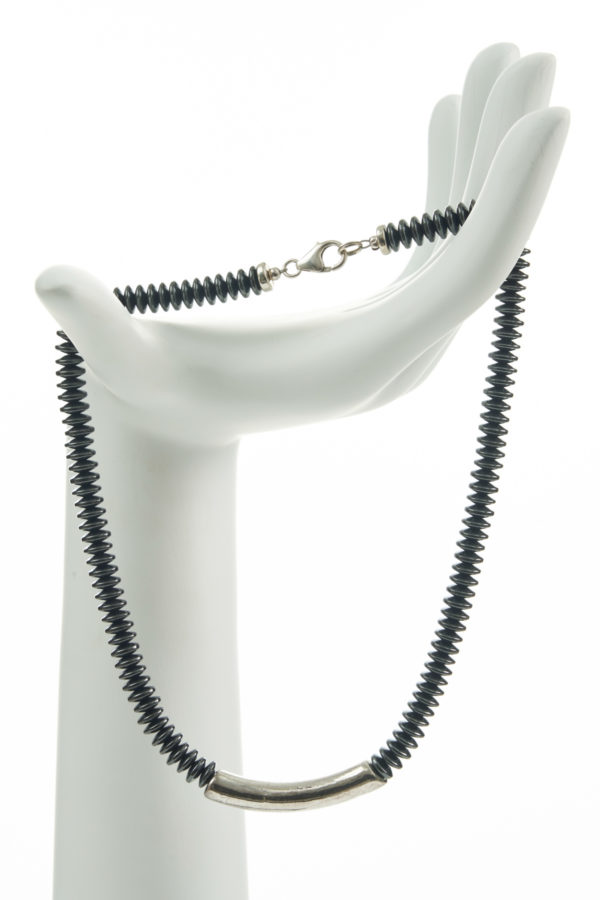 Black Beaded Necklace with Silver Bar Detail