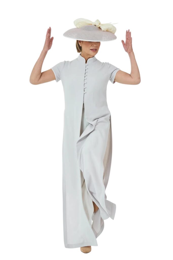 oriental coat scaled pebble mother of the bride flattering trouser suit