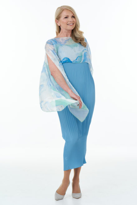 Sleeveless Pleated Waffle Dress in Wedgewood with fine art silk cape