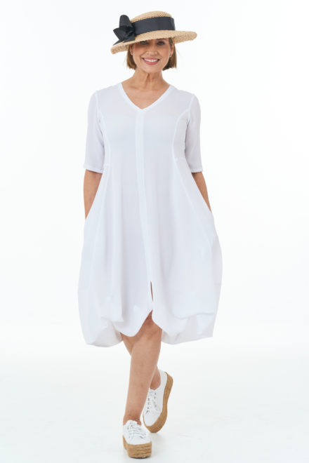 Short Sleeved Waffle Bubble Dress in White Casual Chic Collection