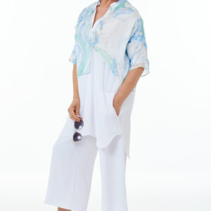 Waffle Cropped Trousers in White and Waffle Shirt in White with Fine Art Silk Top