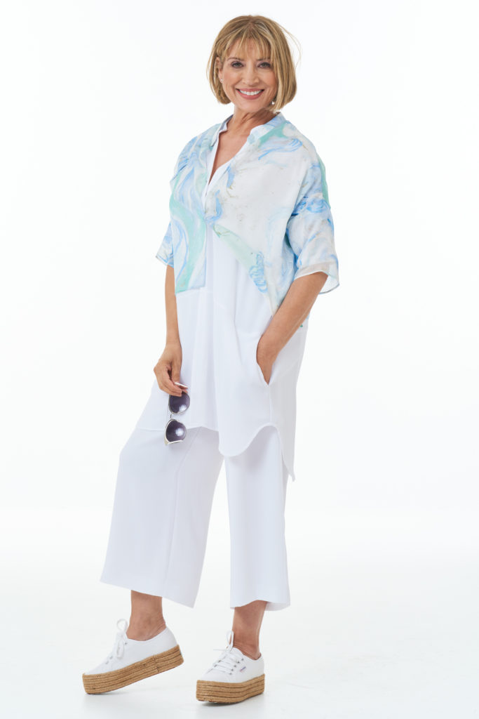 Waffle Cropped Trousers in White and Waffle Shirt in White with Fine Art Silk Top