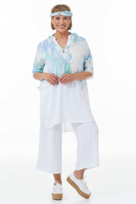 Waffle Cropped Trousers in White and Waffle Shirt in White with Fine Art Silk Top