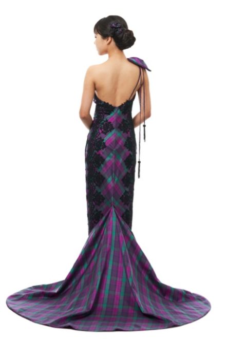 Bow Shoulder Strap Tartan Evening Dress | Joyce Young London Glasgow
