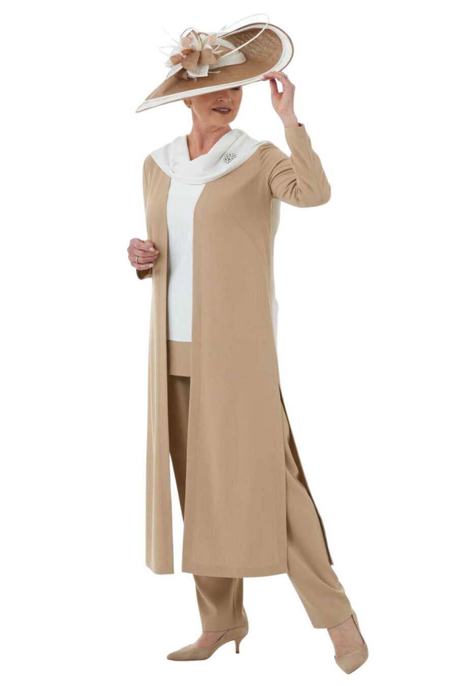 camel trouser and coat mother of the groom outfit