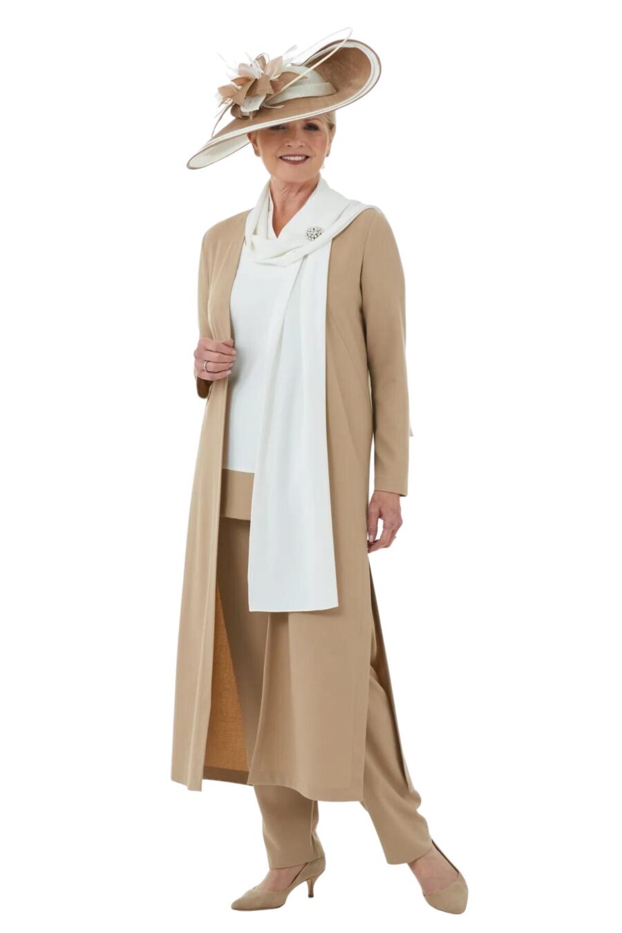 camel coat mother of the bride and groom petite plus size trouser suits