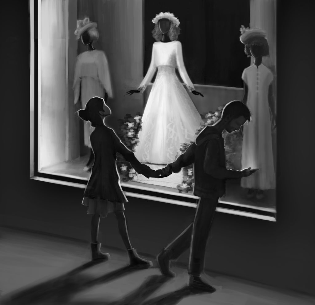 boy and girlfriend looking in wedding shop window