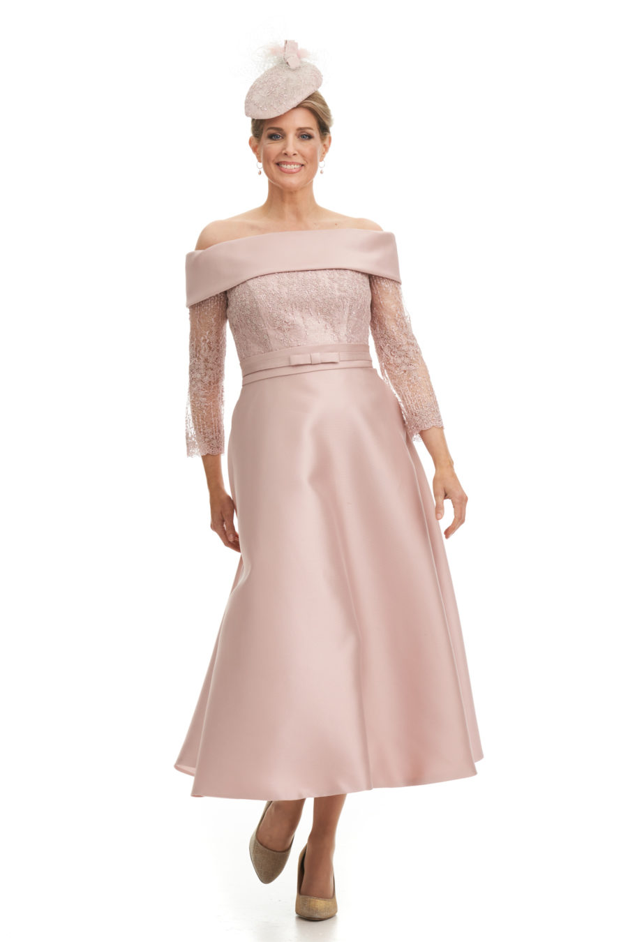 Bardot Neckline Silk And Lace Dress