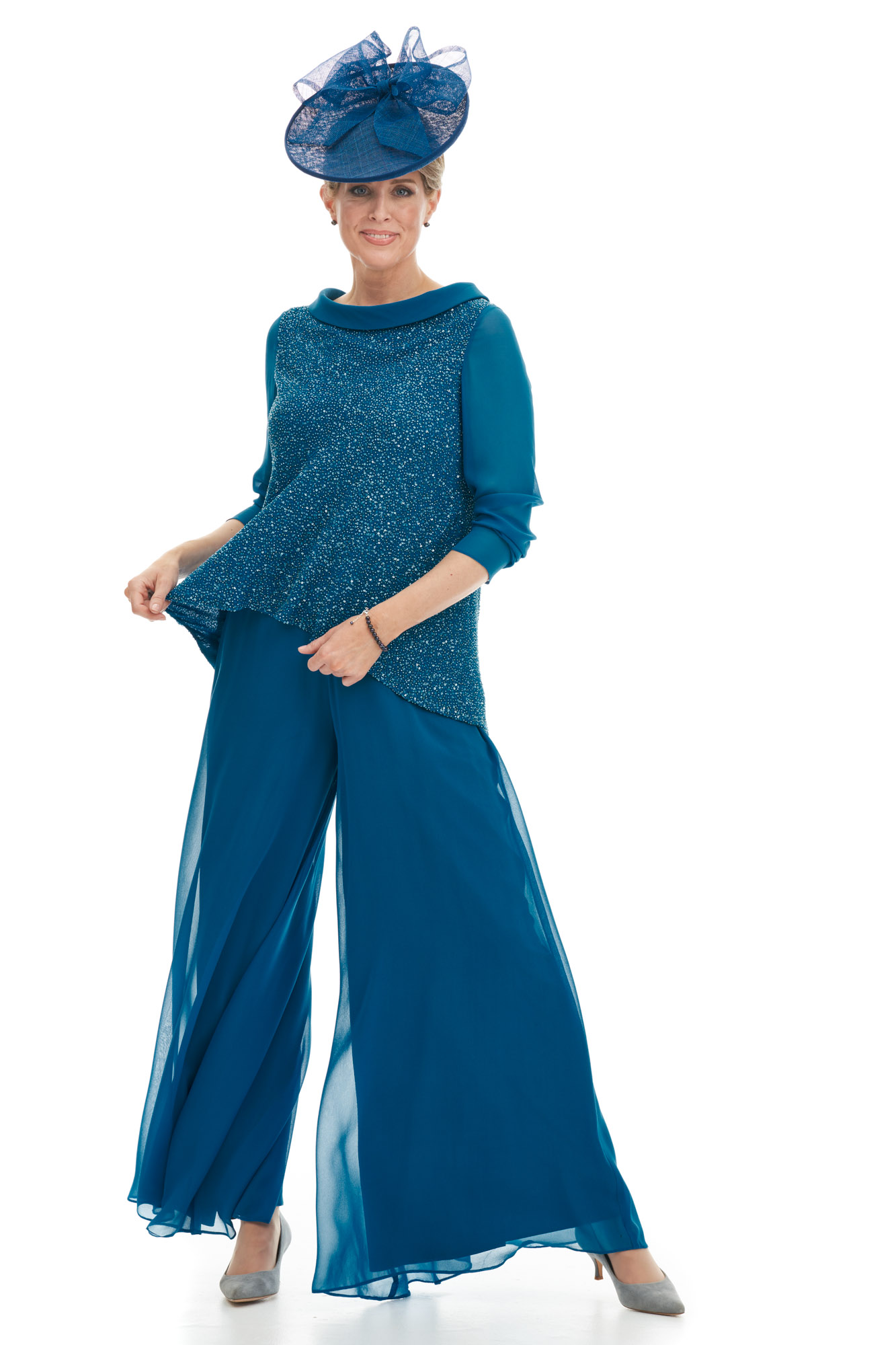 Beaded Silk Tunic And Wide Leg Silk Chiffon Palazzo Pants - Joyce