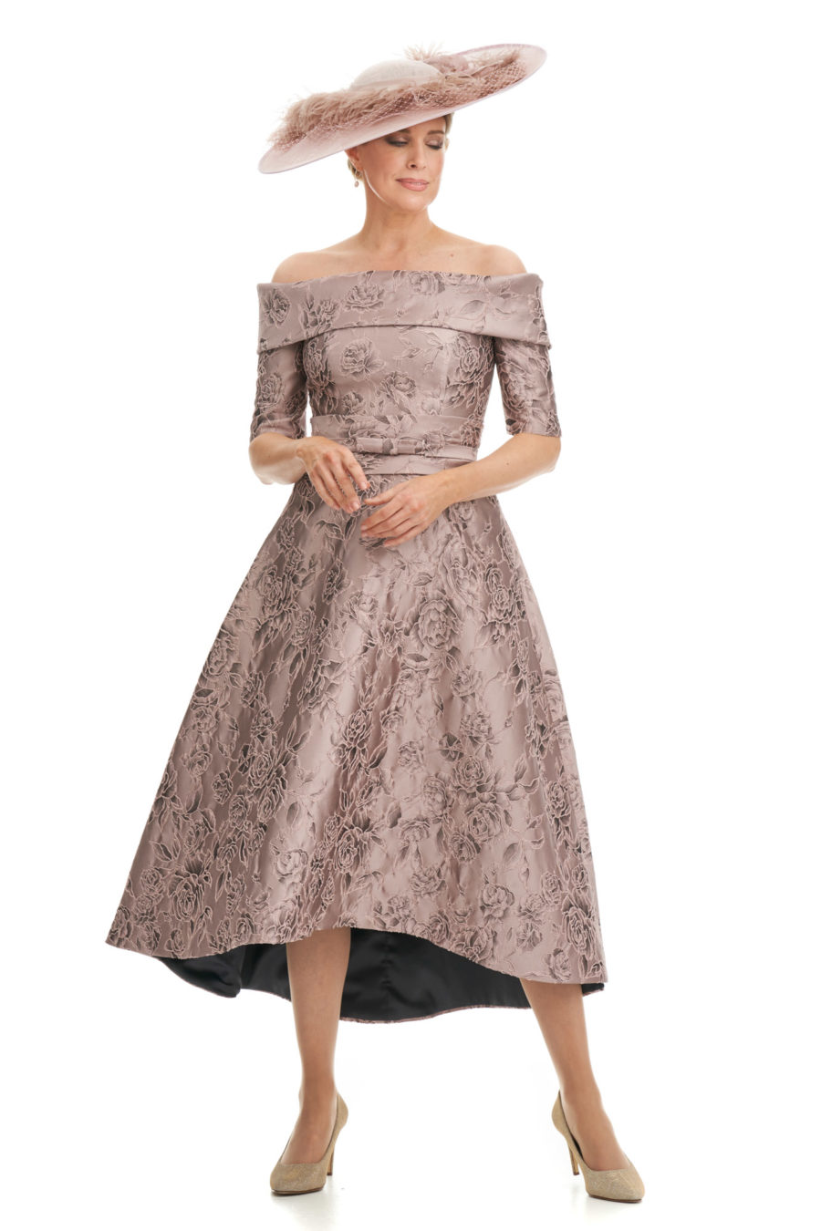 Jacquard Bardo Neckline Dress With High Low Hemline