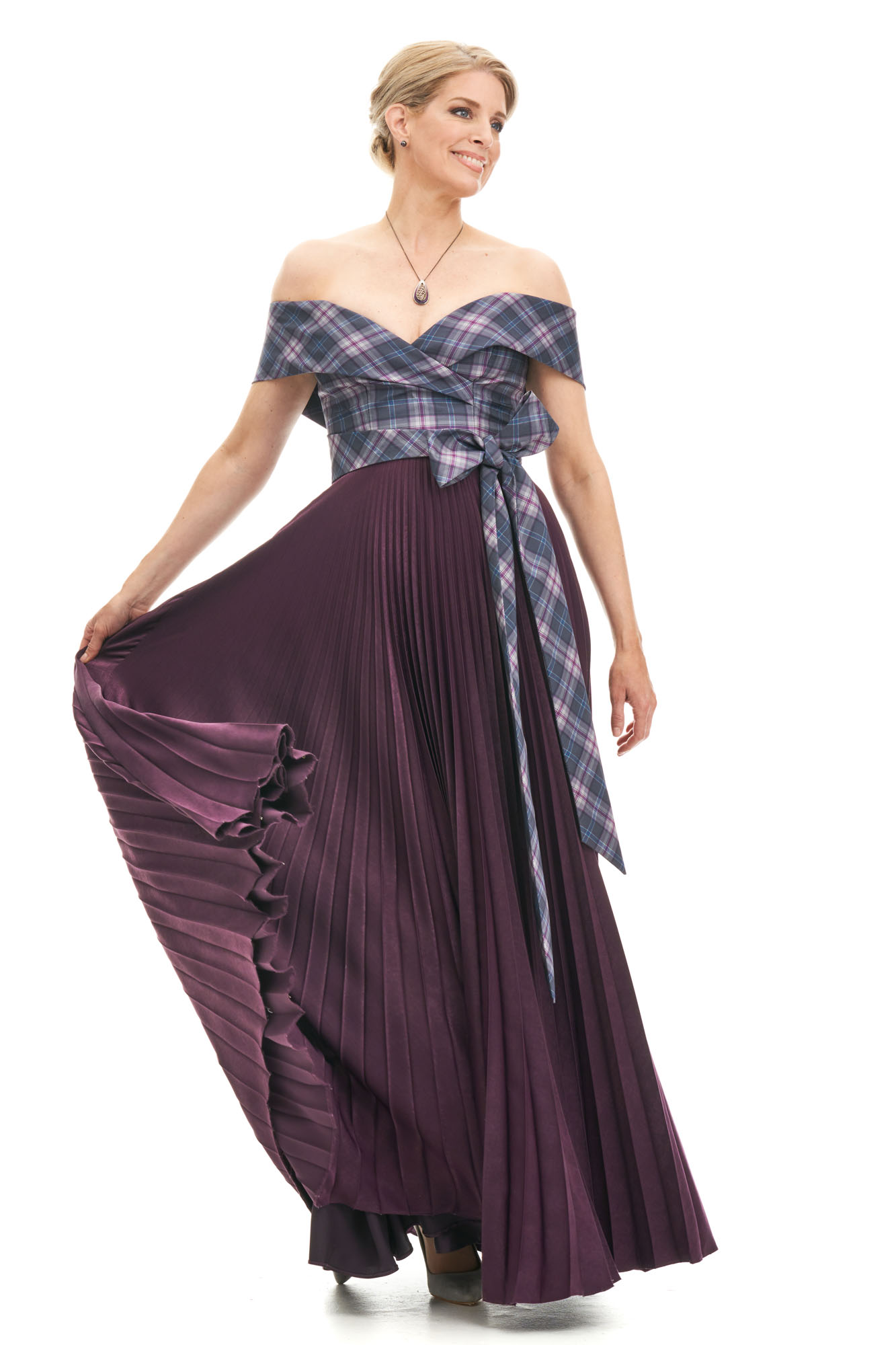 Long Sunray Pleat Dress With Tartan Off Shoulder Bodice Joyce Young