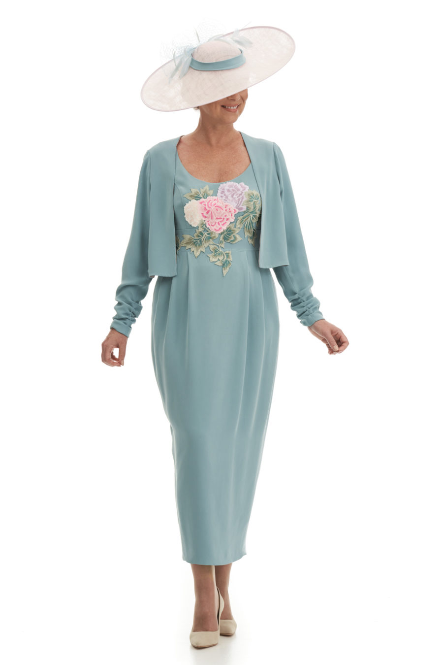 Embroidered Front Dress With Crop Swing Jacket
