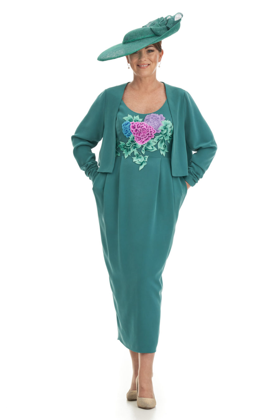 Silk Embroidered Bodice Dress With Pockets And Crop Jacket