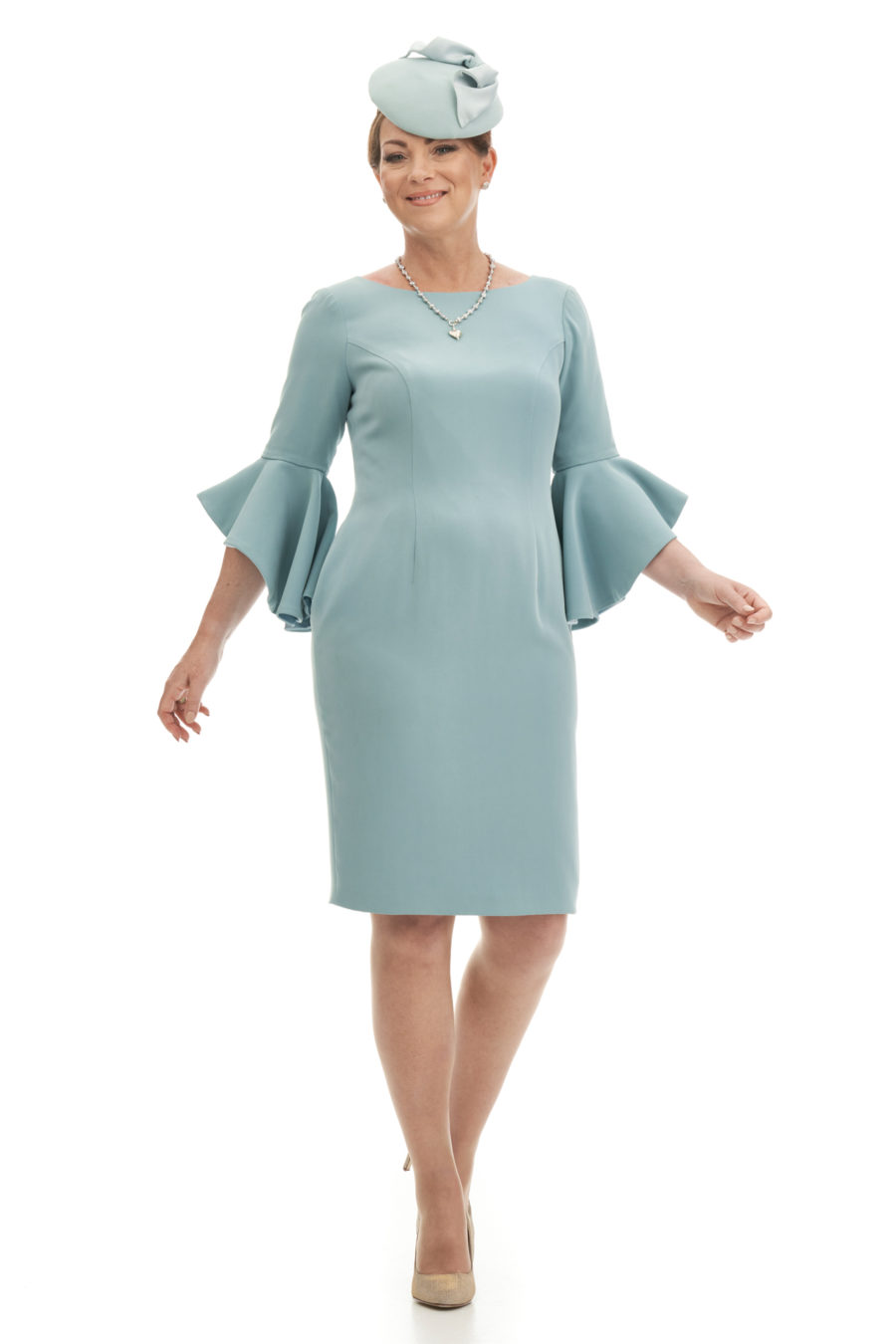 Silk Sheath Dress With Flounce Sleeves And Detachable Bow