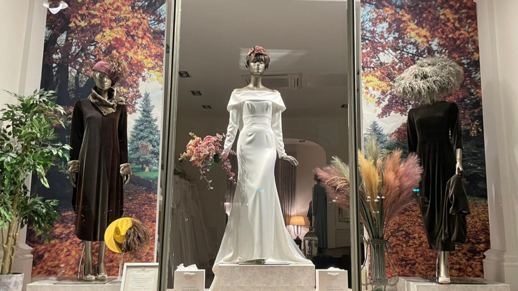 Autumn fashion window display velvet and bridal collection london