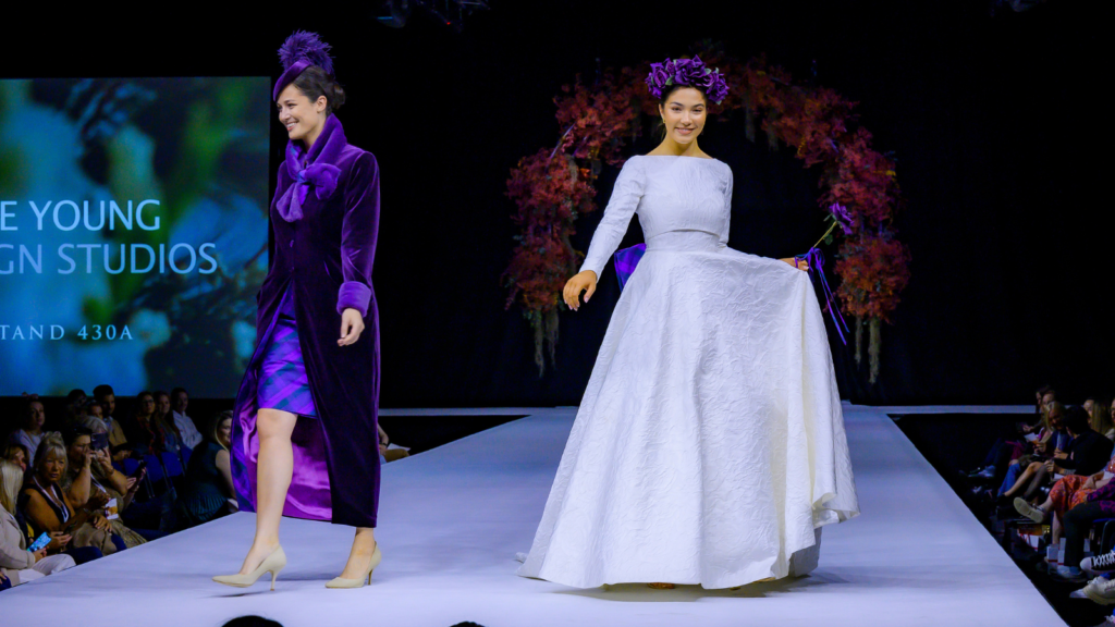 elegant wedding dress with jacket and bow and aubergine velvet and tartan mother of bride dress
