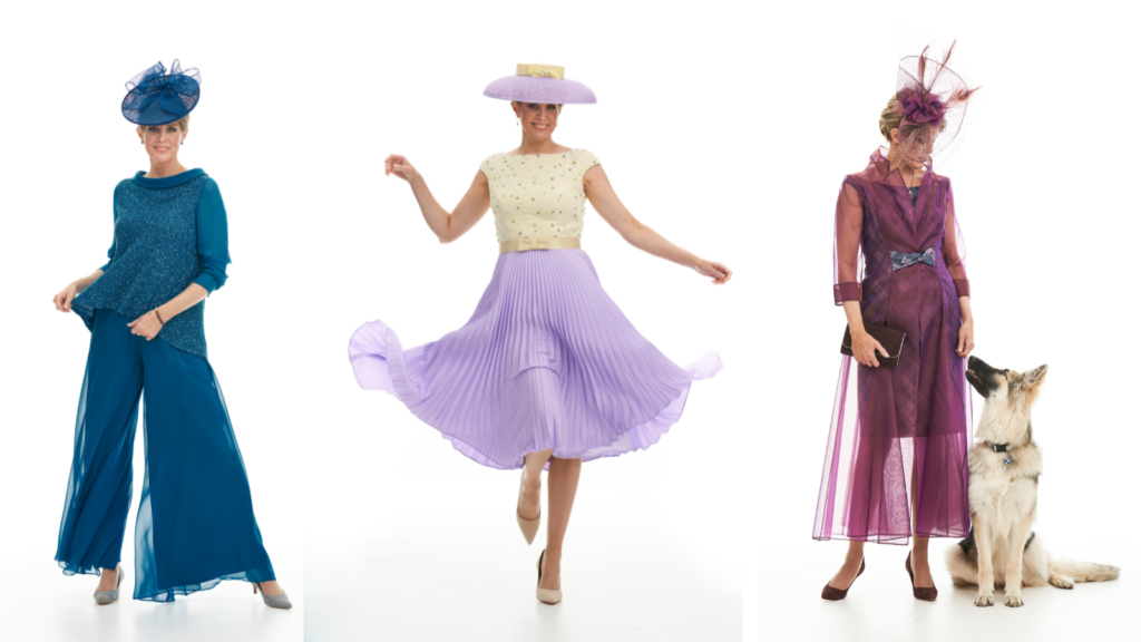 elegant and couture mother of the bride or groom trouser outfit and dress and coat