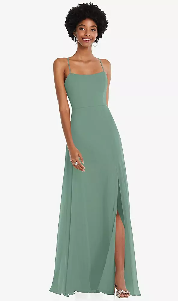 convertible tie strap with leg slit high scoop neck bridesmaid dress