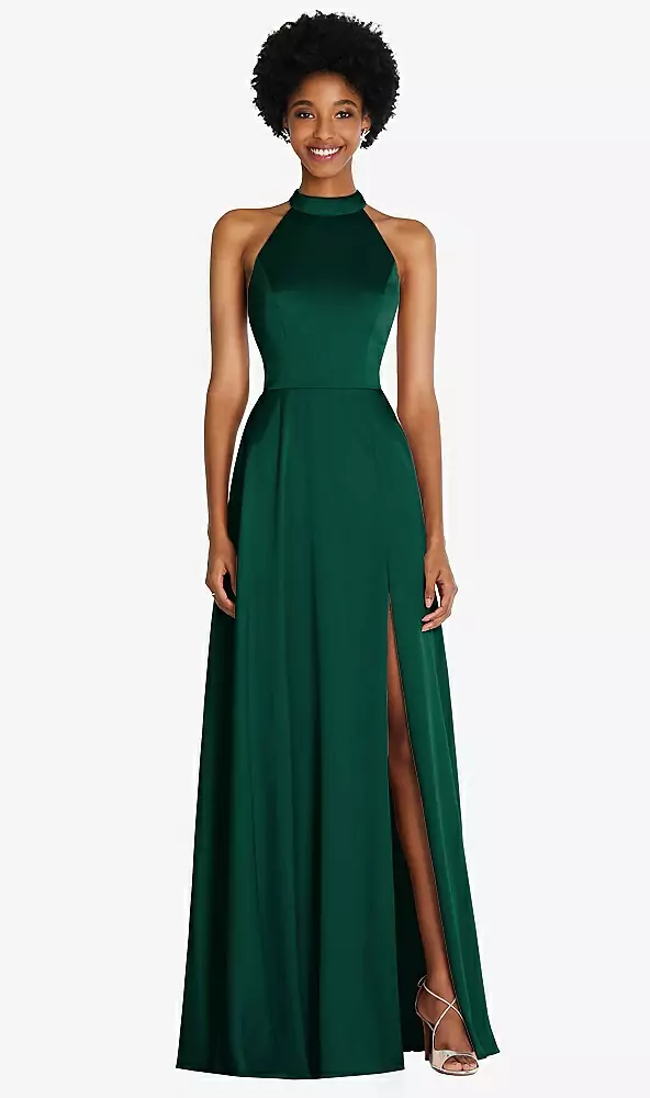 high neck bridesmaid dress in sat thigh slit