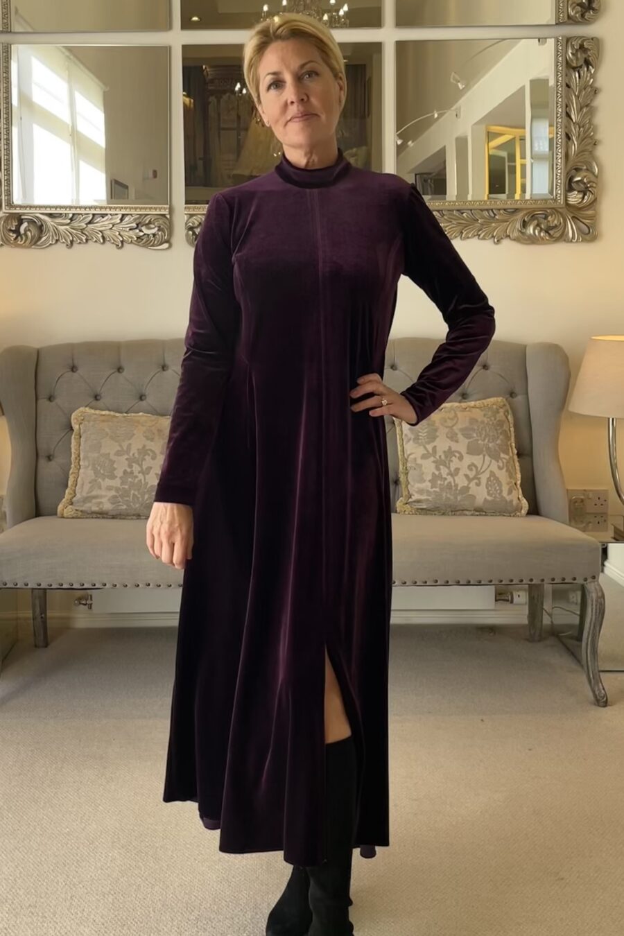 Purple Velvet Dress Maxi with Long sleeves and chic leg slit