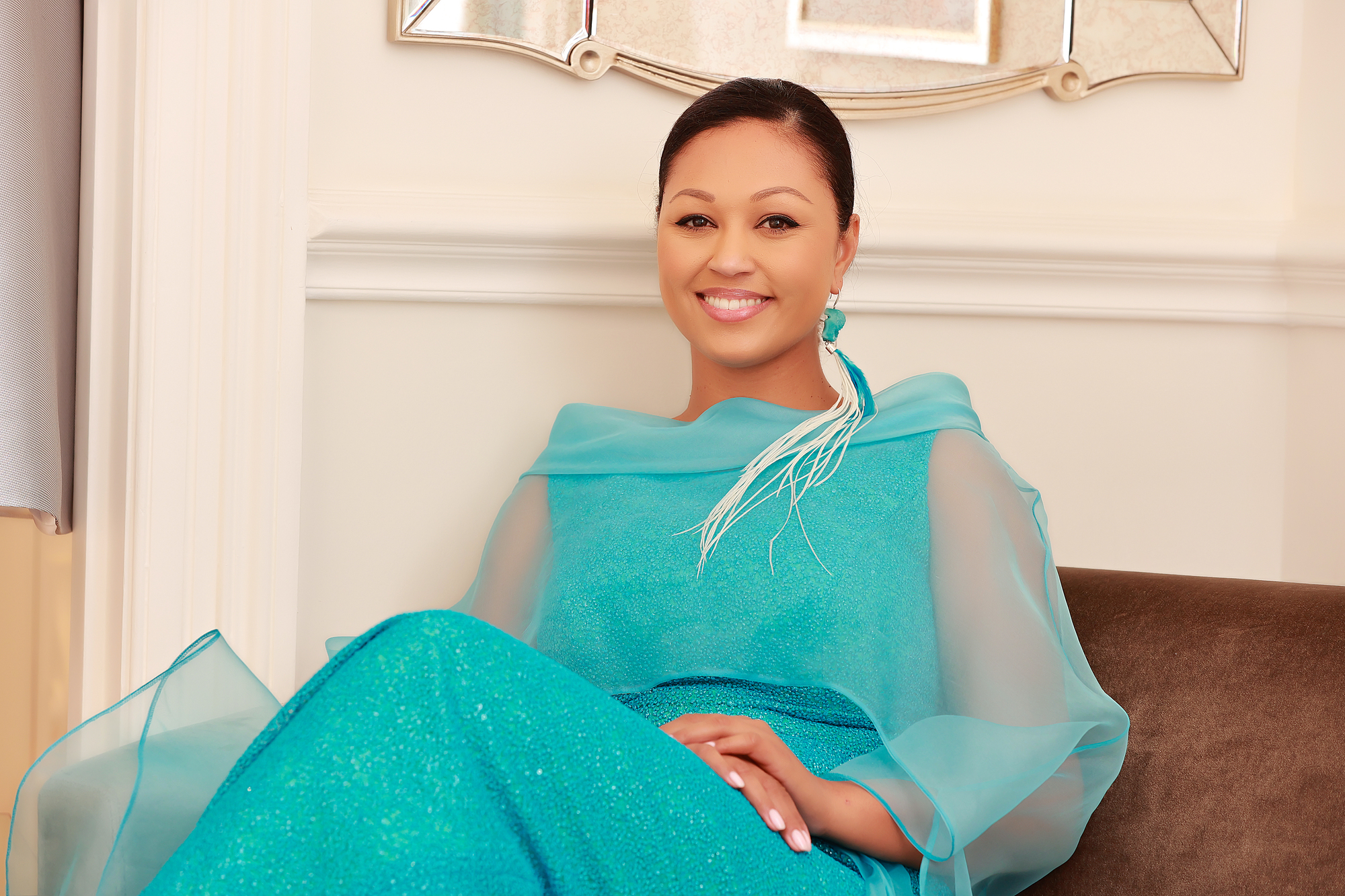 turquoise dress with organza cape